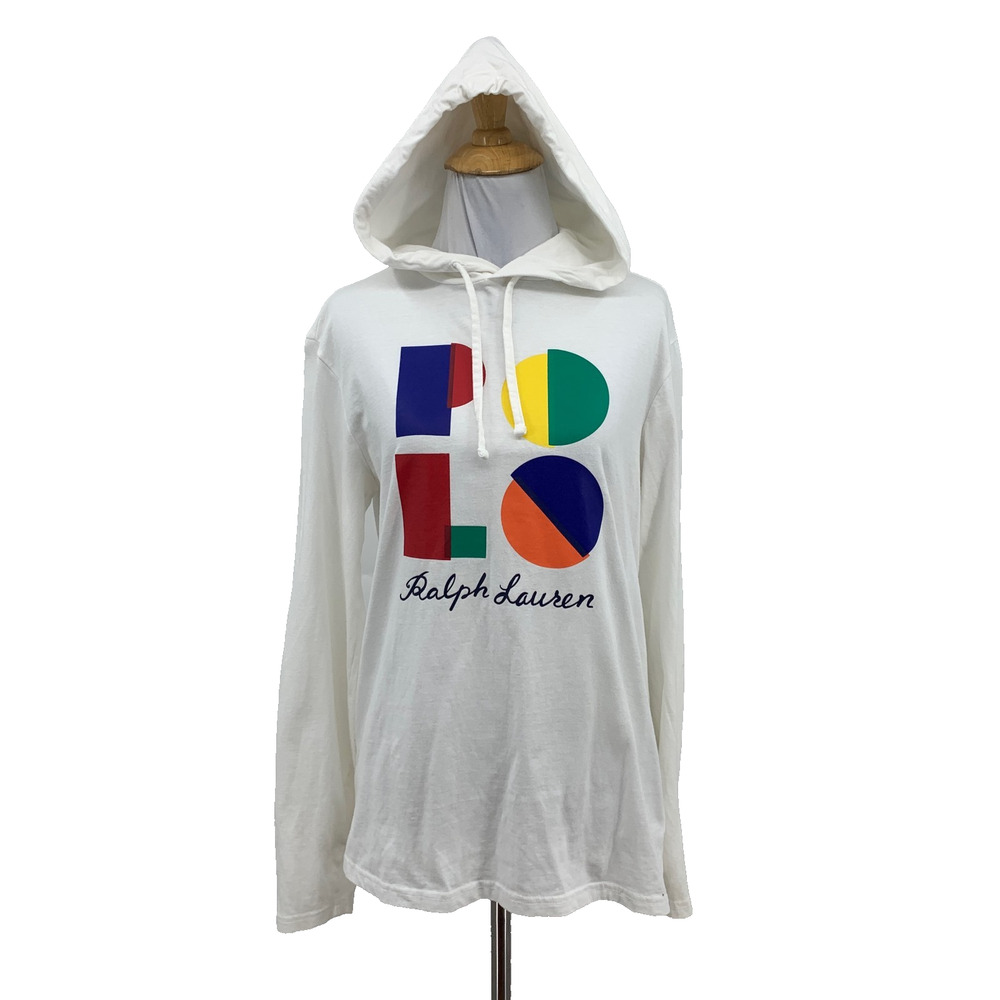 Polo Ralph Lauren Hoodie Womens XS White Cotton Colorblock Script Logo Pullover